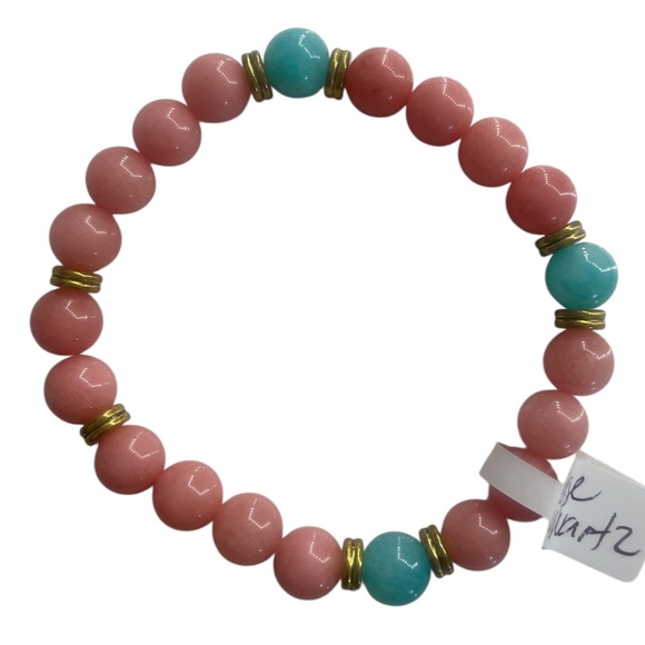 Rose Quartz gemstone bracelet set with Turquoise colored agate, Stretch - Picture 1 of 8